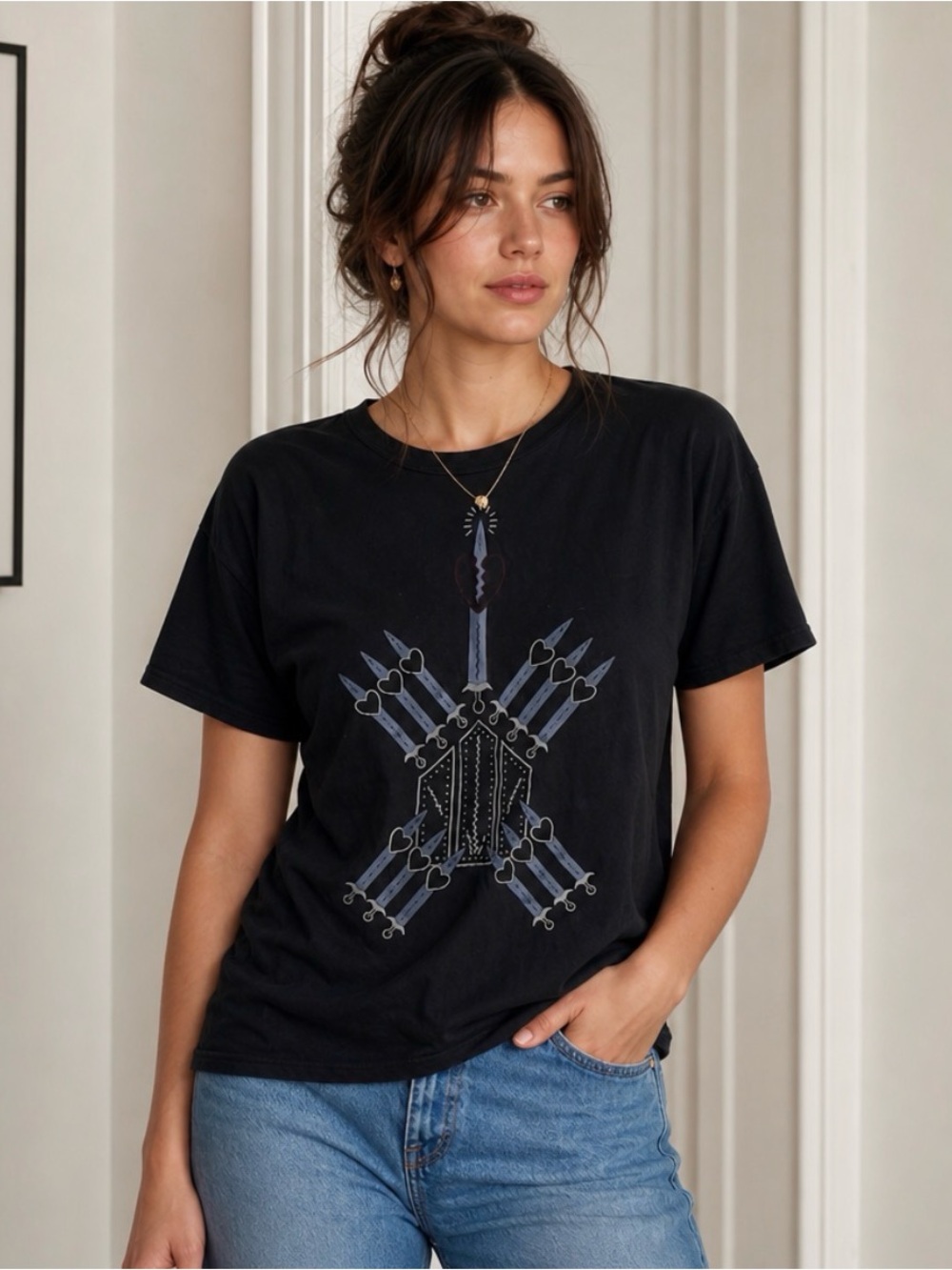 Valentino Black Short-Sleeve T-Shirt with Blue Graphic Daggers
